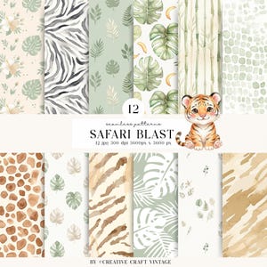 Könnte beinhalten: Eine Sammlung von 12 nahtlosen Mustern mit Safari-Thema. Die Muster umfassen Zebrastreifen, Giraffenmuster und tropische Blätter. Ein niedlicher Zeichentiger ist ebenfalls abgebildet. Der Text "SAFARI BLAST" ist zu sehen.