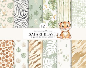 12 Safari Seamless Patterns, Watercolor Jungle, Baby Shower Animal Backgrounds Pattern, safari scrapbook papers, animal print, vintage style