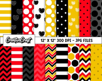May include: A set of 12 digital paper patterns in red, yellow, black, and white. The patterns include polka dots, stripes, hearts, and chevron designs. The papers are 12 inches by 12 inches and 300 DPI.  "CreativeCraft" is written in the image.