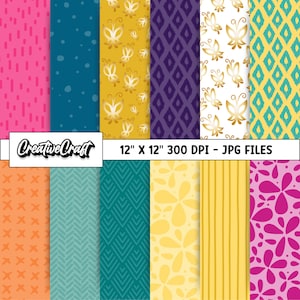 May include: Set of 10 digital paper patterns in various colors and designs, including butterflies, geometric shapes, and floral patterns. Each pattern is 12 inches by 12 inches and 300 DPI. JPG files.