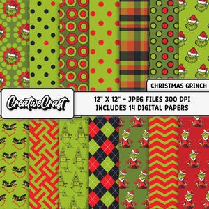 Puede incluir: Una colección de 14 papeles digitales con diseños navideños. Los diseños incluyen lunares, cuadros, rombos y personajes de Grinch en rojo, verde y negro. Los papeles son archivos JPEG de 30,48 cm x 30,48 cm a 300 DPI. El texto "Christmas Grinch" es visible.