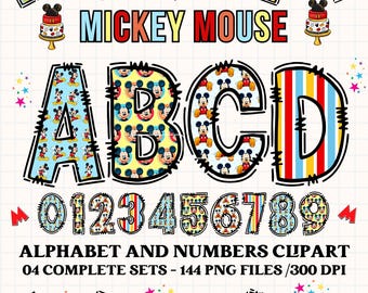 Alphabet Mickey Mouse, cliparts Mickey Mouse, lettres et chiffres au format PNG, alphabet griffonné au format PNG, lettres Mickey Mouse griffonnées