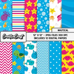 May include: A collection of 12 digital papers with nautical themes. Designs include starfish, bubbles, and sea creatures on various backgrounds. The papers are 12" x 12" JPEG files at 300 DPI. The Creative Craft logo is visible.