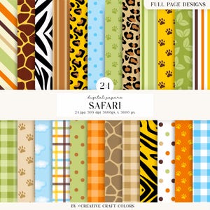 Puede incluir: Una colección de 24 papeles digitales con patrones de temática safari que incluyen manchas de jirafa, rayas de cebra, estampados de leopardo, huellas de patas, hojas, nubes, lunares, cuadros vichy y rayas en naranja, amarillo, verde, azul, marrón y blanco.