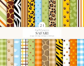24 Safari Animals Digital Papers 300 DPI Highest Quality, animals safari scrapbooking, safari printables papers designs, instant download