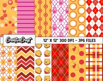 May include: A set of 12 digital paper designs featuring Winnie the Pooh and Piglet. The papers include a variety of patterns, including polka dots, stripes, plaid, and chevron. The papers are 12 inches by 12 inches and 300 DPI.