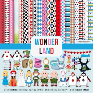 Alice in Wonderland Digitale Papers en Clipart Kit 300 DPI Maximale Kwaliteit, Wonderland digitaal plakboek, Alice in Wonderland png clipart, Wonderland png