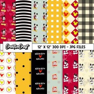 12 Papeles Digitales Mickey el Ratón 300 DPI Máxima Calidad, scrapbooking mickey, diseños papeles imprimibles mickey, descarga instantánea