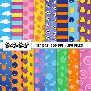 May include: A selection of colourful digital papers featuring diverse patterns such as clouds, stripes, polka dots, flowers, skulls, and cartoon characters. The papers are 30.5cm x 30.5cm and are JPG files.