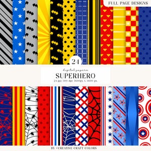 24枚のデジタルペーパーコミックスーパーヒーロー300DPI最高品質、スーパーヒーロースクラップブッキング、スーパーヒーローペーパーデザイン、即時ダウンロード