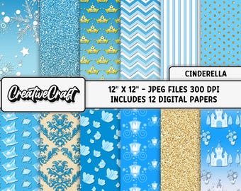 12 Princess Cinderella Digital Papers 300 DPI Maximum Quality, Cinderella scrapbook, printable paper designs, instant download, princess png