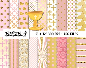 May include: A set of 12 digital papers featuring pink and gold patterns, including polka dots, stripes, crosses, hearts, and doves. The papers are 12 inches by 12 inches and 300 DPI. JPG files.