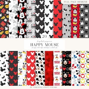 Puede incluir: Una colección de 20 papeles digitales con patrones de Mickey Mouse en rojo, negro, blanco y amarillo. Los diseños incluyen caras, siluetas, corazones y el texto I LOVE MICKEY y MICKEY MOUSE. Cada archivo mide 3600px por 3600px.