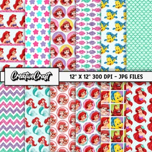 12 Little Mermaid Digital Papers 300 DPI Qualité maximale, scrapbooking princesse Ariel, dessins en papier petite sirène, téléchargement instantané