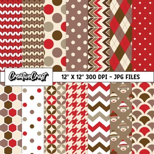 May include: A set of 12 digital paper patterns in red, brown, and white. The patterns include polka dots, chevron, argyle, knit, and geometric designs. The papers are 12 inches by 12 inches and 300 DPI.  "CreativeCraft" and "12" x 12" 300 DPI - JPG FILES" are printed on the image.
