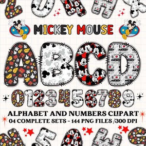 Puede incluir: Gráfico digital con el alfabeto y los números con el tema de Mickey Mouse. Las letras y los números están decorados con patrones de Mickey Mouse en rojo, negro y blanco. Las palabras "Mickey Mouse" se muestran en rojo y amarillo.