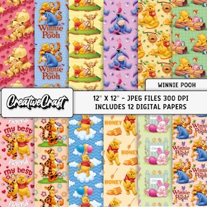 12 Winnie Pooh Digital Papers 300 DPI Maximum Quality, Winnie Pooh scrapbooking, Winnie Pooh printables papers designs, instant download