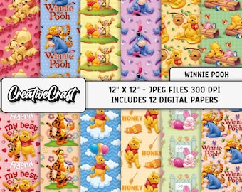 12 Winnie Pooh Digital Papers 300 DPI Maximum Quality, Winnie Pooh scrapbooking, Winnie Pooh printables papers designs, instant download