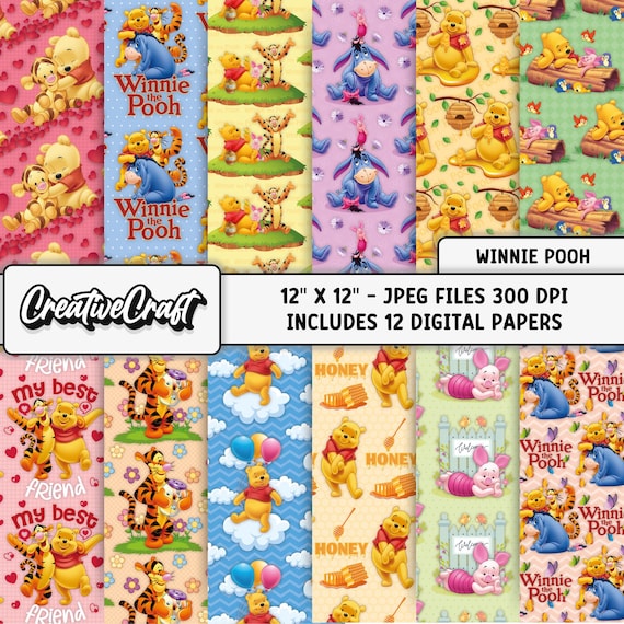 12 Papeles Digitales Winnie Pooh 300 DPI Máxima Calidad, scrapbook Winnie Pooh, diseños papeles imprimible Winnie Pooh, descarga instantánea