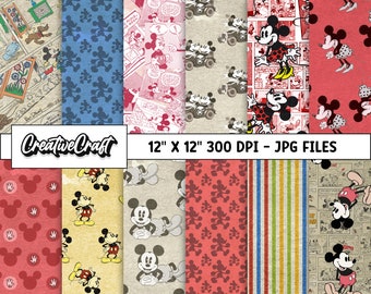 12 Mickey Vintage Digital Papers 300 DPI Maximum Quality, mickey scrapbooking, mickey vintage printables papers designs, instant download