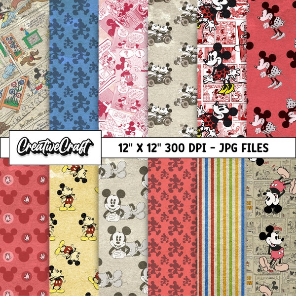 12 Mickey Vintage Digital Papers 300 DPI Maximum Quality, mickey scrapbooking, mickey vintage printables papers designs, instant download