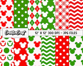 ミッキー クリスマス デジタル ペーパー 12 枚、300 DPI 最高品質、ミッキー スクラップブッキング、ミッキーの印刷可能な紙デザイン、インスタント ダウンロード