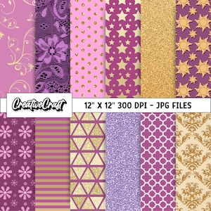 May include: A set of 12 digital paper patterns in purple, pink, and gold colors. The patterns include floral, geometric, glitter, and lace designs. The papers are 12 inches by 12 inches and 300 DPI. JPG files.