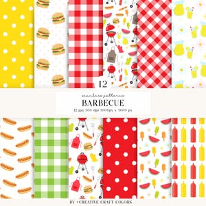 May include: A collection of 12 seamless digital patterns featuring barbecue themes including hamburgers, hot dogs, watermelon slices, grills, aprons, condiments, and lemonade, alongside red and green gingham, and yellow and red polka dot designs.