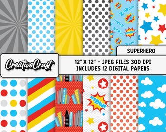 12 Superhero Digital Papers 12x12, Comic Birthday Background Designs, Printable Scrapbook Party, superhero scrapbook paper, comic papers