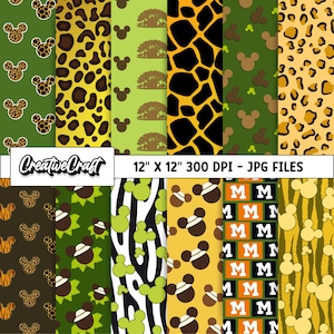 12 Mickey Safari Digital Papers 300 DPI Maximum Quality, mickey scrapbooking, mickey safari printables papers designs, instant download