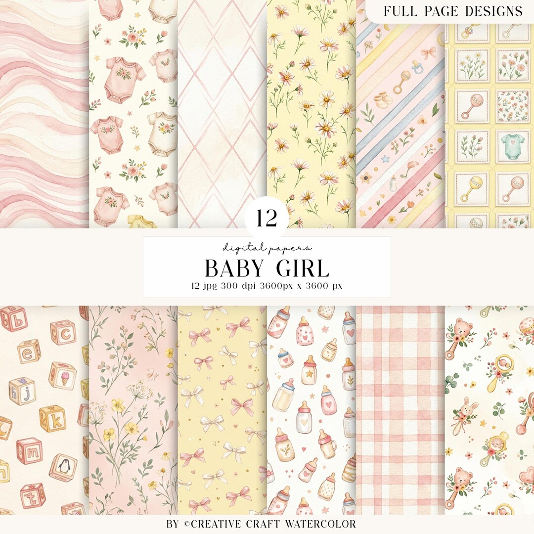 12 Baby Girl Digital Papers , Pink Yellow Watercolor Floral Bows ...