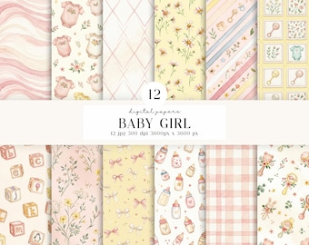 12 Baby Girl Digital Papers , Pink Yellow Watercolor Floral Bows Bottles Backgrounds, Baby Shower Scrapbook papers, gender reveal designs