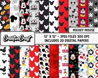20 Mickey the Mouse Digital Papers 300 DPI Maximum Quality, mickey scrapbooking, mickey the mouse printable paper designs, instant download