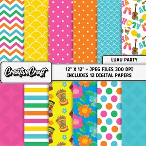 Puede incluir: Un conjunto de 12 papeles digitales con diversos patrones, incluyendo chevrones, conchas, lunares y diseños florales. Los papeles son archivos JPEG de 30,48 cm x 30,48 cm a 300 DPI. La imagen incluye el texto "Creative Craft" y "Luau Party".