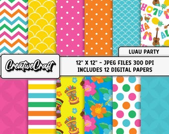 12 Papeles Digitales Luau Party 12" x 12", Fondos Hawaianos Tropicales, papeles scrapbook, Fiesta Verano Scrapbooking, licencia comercial