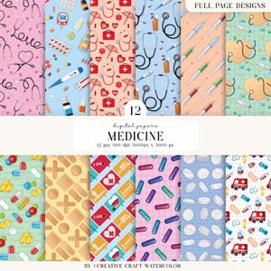 12 digitala medicinska papper, 300 DPI maximal kvalitet, medicinsk scrapbooking, utskrivbara medicinska pappersdesigner, omedelbar nedladdning