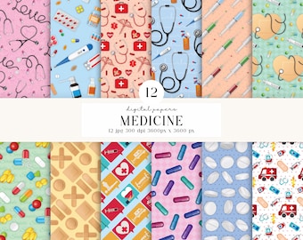 12 Nurse Doctor Medicine Digital Papers 300 DPI Maximum Quality, medicine scrapbooking, medicine printables papers designs, instant download
