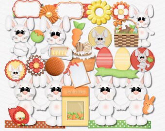 Könnte beinhalten: Ein Set mit 43 digitalen Clipart-Bildern zum Thema Ostern. Die Bilder beinhalten Hasen, Eier, Körbe, Blumen, Karotten, Cupcakes und Banner. Die Bilder sind im Cartoon-Stil gehalten und perfekt zum Erstellen von Osterbastelarbeiten, Karten und Dekorationen.
