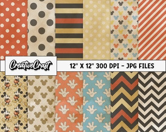 Puede incluir: Un conjunto de 10 diseños de papel digital con varios patrones, incluyendo lunares, rayas, cabezas de Mickey Mouse y huellas de manos. Los papeles son de estilo vintage con un aspecto desgastado y texturado. Los papeles miden 30,5 cm por 30,5 cm y 300 DPI. El texto "CreativeCraft" está en la imagen.