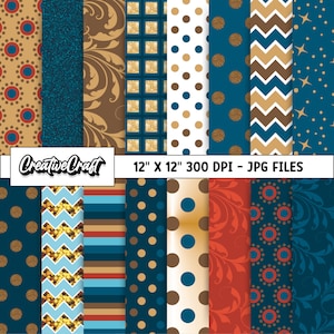 以下が含まれることがあります： 青、金、茶色、白の12種類のデジタルペーパーパターンセット。パターンには、水玉模様、ストライプ、シェブロン、グリッター、ダマスク柄が含まれています。用紙は30.5cm×30.5cmで、解像度は300DPIです。  "CreativeCraft"と"12" x "12" 300 DPI - JPG FILES"が画像に印刷されています。