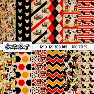 May include: Set of 10 digital scrapbook papers featuring vintage Mickey Mouse designs. The papers include red, black, yellow, and white polka dots, stripes, and geometric patterns. Each paper is 12 inches by 12 inches and 300 DPI.