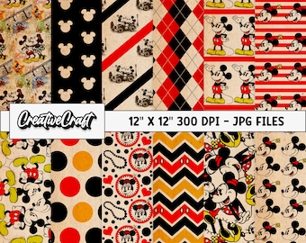 Puede incluir: Conjunto de 10 papeles digitales para scrapbooking con diseños vintage de Mickey Mouse. Los papeles incluyen lunares rojos, negros, amarillos y blancos, rayas y patrones geométricos. Cada papel mide 30,5 cm por 30,5 cm y 300 DPI.