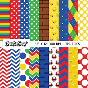 18 Mario-Videospiel-Digitalpapiere 300 DPI maximale Qualität, Videospiel-Sammelalbum, Mario-Videospiel-Papierdesigns, sofortiger Download
