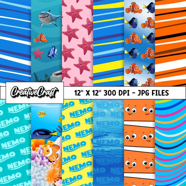12 Finding Nemo Digital Papers 300 DPI Maximum Quality, finding nemo scrapbooking, finding nemo printables papers designs, instant download