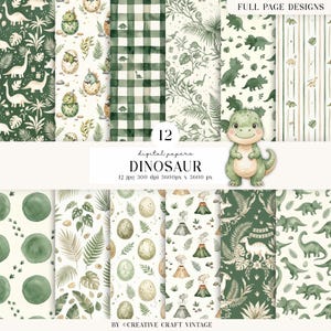 Puede incluir: Una colección de 12 papeles digitales con temática de dinosaurios, con ilustraciones en acuarela verde y crema de dinosaurios, huevos, volcanes y hojas tropicales. El texto dice 12 digital papers DINOSAUR 12 jpg 300 dpi 3600px x 3600 px.