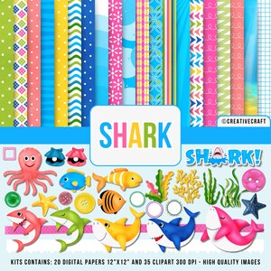 Puede incluir: Un conjunto de papel digital y clipart con temática de tiburón. El conjunto incluye 20 papeles digitales de 12x12 pulgadas y 35 imágenes de clipart. El clipart incluye una variedad de criaturas marinas, incluidos tiburones, peces, algas y conchas. Los papeles digitales presentan una variedad de patrones, incluidos rayas, lunares y diseños geométricos. El conjunto es perfecto para crear invitaciones, tarjetas, páginas de álbumes de recortes y otros proyectos de manualidades.