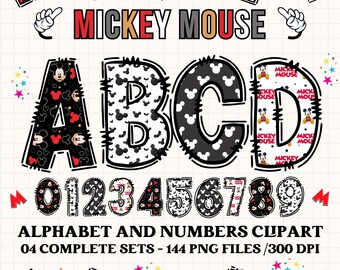 Mickey Mouse alphabet clipart PNG. 4 styles with mickey mouse cliparts. mickey alphabet letters, mickey png cliparts, numbers clipart png