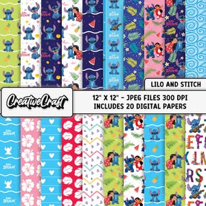 Puede incluir: Un conjunto de 20 papeles digitales con diseños de Lilo y Stitch. Cada papel mide 30,48 cm x 30,48 cm y presenta patrones con Stitch, Lilo y elementos tropicales. Los papeles están en formato JPEG a 300 DPI.