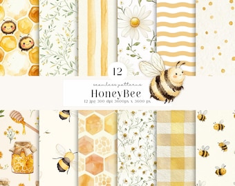 12 Honey Bee Seamless Patterns Watercolor, Baby Shower, Floral Yellow Scrapbook Vintage Background, watercolor patterns, digital papers