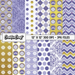 May include: A set of 10 digital paper designs in purple, gold, and white featuring various patterns including polka dots, chevron, and damask. The papers are 12 inches by 12 inches and 300 DPI.  The text "CreativeCraft" is in the image.